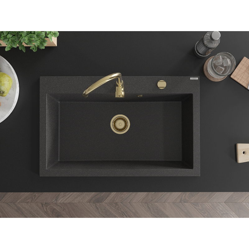 Mexen Elix lavello da cucina in granito 1-vasca 800 x 500 mm, nero maculato, sifone dorato - 6527801005-76-G
