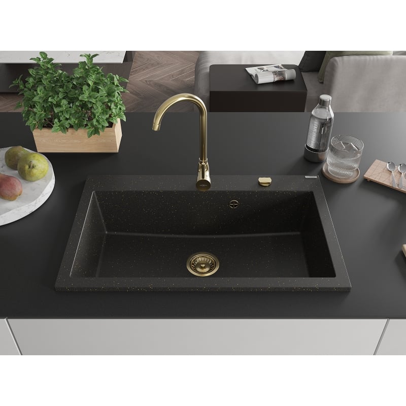 Mexen Elix Granitspüle 1-becken 800 x 500 mm, schwarz/gold metallic, goldener Siphon - 6527801005-75-G