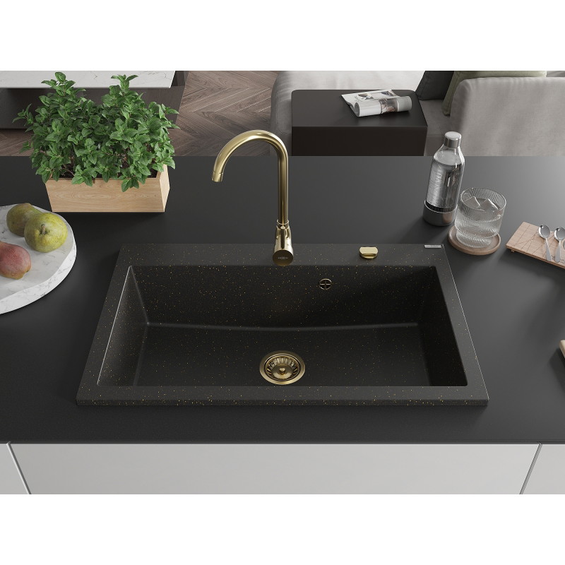 Mexen Elix zlewozmywak granitowy 1-komorowy 800 x 500 mm, czarny/złoty metalik, syfon złoty - 6527801005-75-G