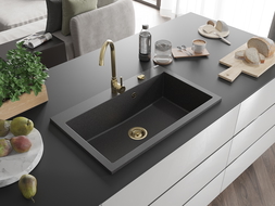 Mexen Elix granieten gootsteen 1-komerig 800 x 500 mm, zwart gespikkeld, gouden sifon - 6527801005-76-G