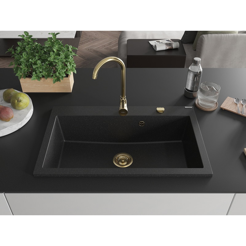 Mexen Elix granitni sudoper s jednom komorom 800 x 500 mm, crni/srebrni metalik, sifon zlatni - 6527801005-73-G