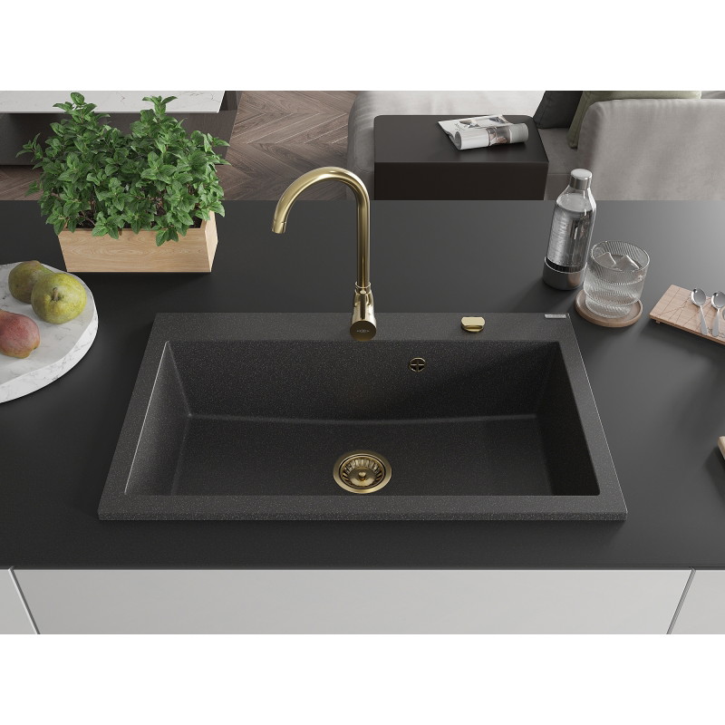 Mexen Elix ühekambriline graniidist valamu 800 x 500 mm, must täpiline, kuldne sifoon - 6527801005-76-G