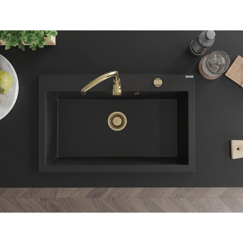 Mexen Elix granieten gootsteen met 1 bak 800 x 500 mm, zwart, gouden sifon - 6527801005-77-G
