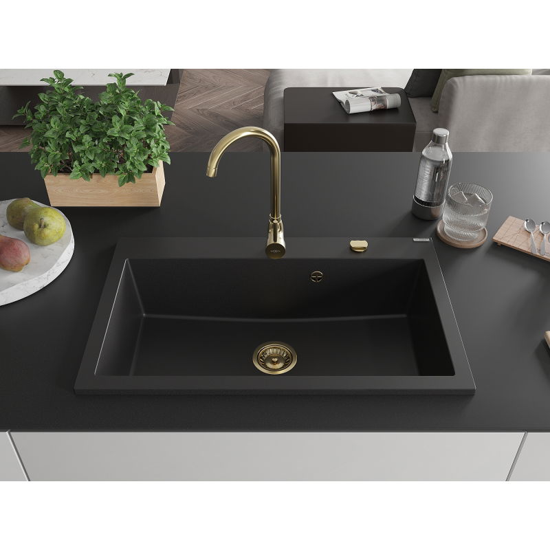 Mexen Elix fregadero de granito de 1 seno 800 x 500 mm, negro, sifón dorado - 6527801005-77-G