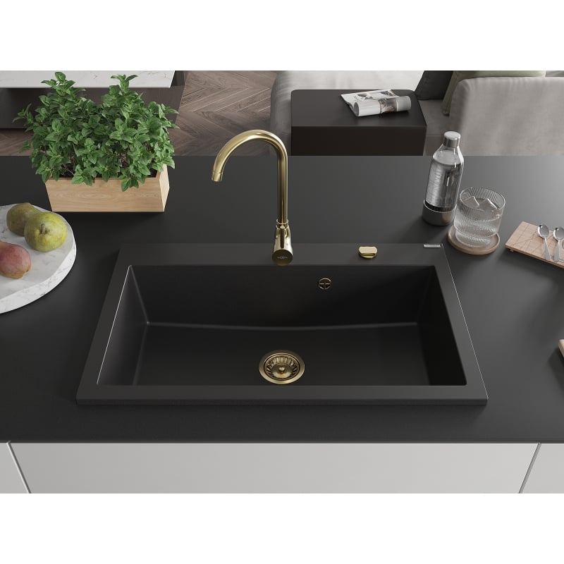 Mexen Elix granite sink 1-bowl 800 x 500 mm, black, gold siphon - 6527801005-77-G