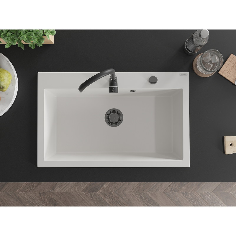 Mexen Elix granitni sudoper s jednom komorom 800 x 500 mm, bijeli, crni sifon - 6527801005-20-B