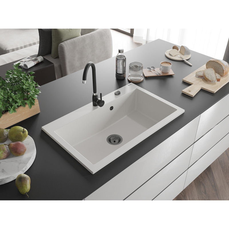 Mexen Elix granitni sudoper s jednom komorom 800 x 500 mm, bijeli, crni sifon - 6527801005-20-B