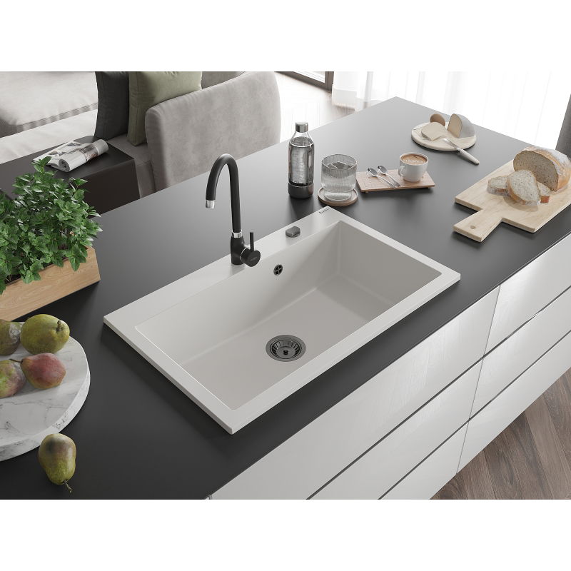 Mexen Elix lavello in granito a 1 vasca 800 x 500 mm, bianco, sifone nero - 6527801005-20-B