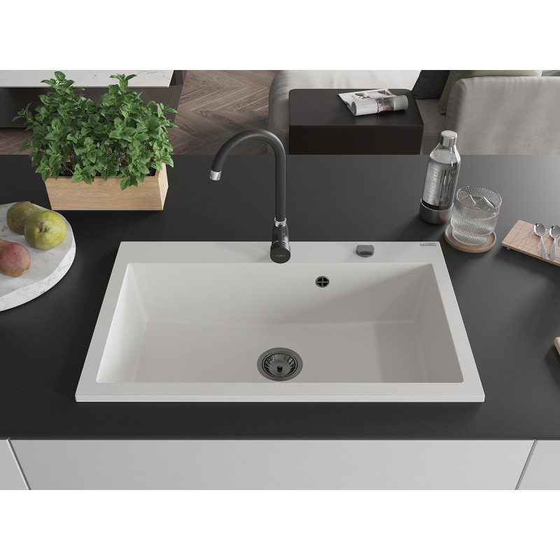 Mexen Elix granitni sudoper s jednom komorom 800 x 500 mm, bijeli, crni sifon - 6527801005-20-B