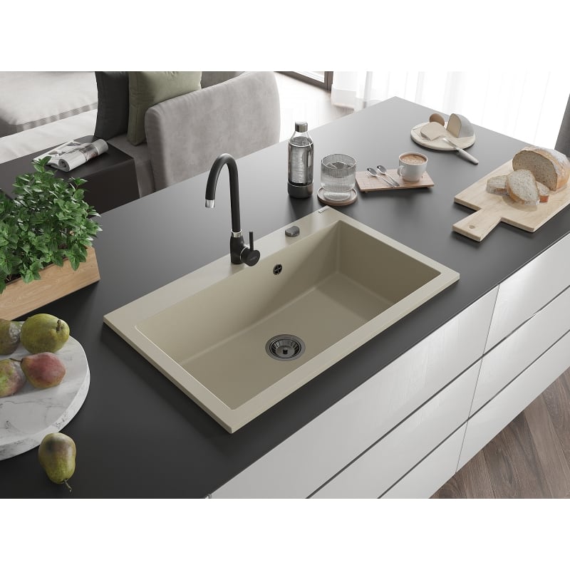Mexen Elix fregadero de granito de 1 seno 800 x 500 mm, beige, sifón negro - 6527801005-69-B