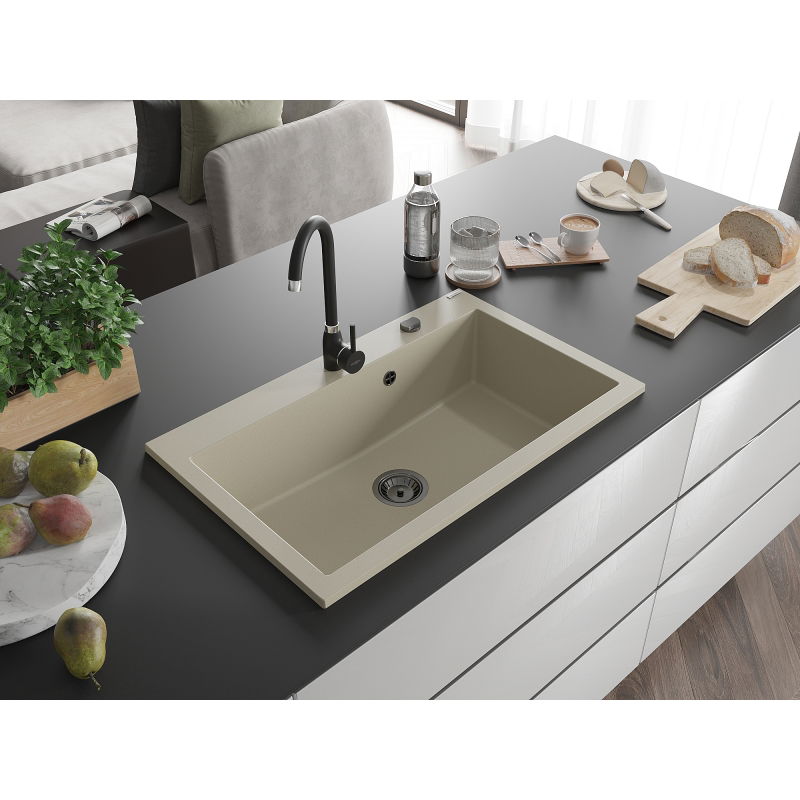 Mexen Elix Granitspüle 1-Becken 800 x 500 mm, beige, schwarzer Siphon - 6527801005-69-B