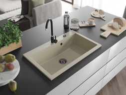 Mexen Elix granieten gootsteen 1-komorig 800 x 500 mm, beige, zwarte sifon - 6527801005-69-B