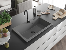 Mexen Elix fregadero de cocina de granito 1 compartimento 800 x 500 mm, gris, sifón negro - 6527801005-71-B