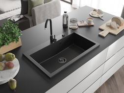 Mexen Elix Granitspüle 1-beckig 800 x 500 mm, schwarz/silber metallic, schwarzer Siphon - 6527801005-73-B