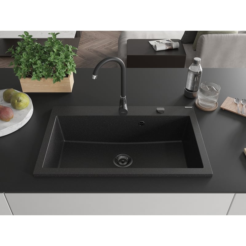 Mexen Elix fregadero de granito de 1 cubeta 800 x 500 mm, negro/plateado metálico, sifón negro - 6527801005-73-B