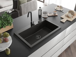 Mexen Elix Granitspüle 1-becken 800 x 500 mm, schwarz/gold metallic, schwarzer Siphon - 6527801005-75-B
