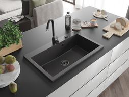 Mexen Elix granieten gootsteen 1-komor 800 x 500 mm, zwart gespikkeld, zwarte sifon - 6527801005-76-B