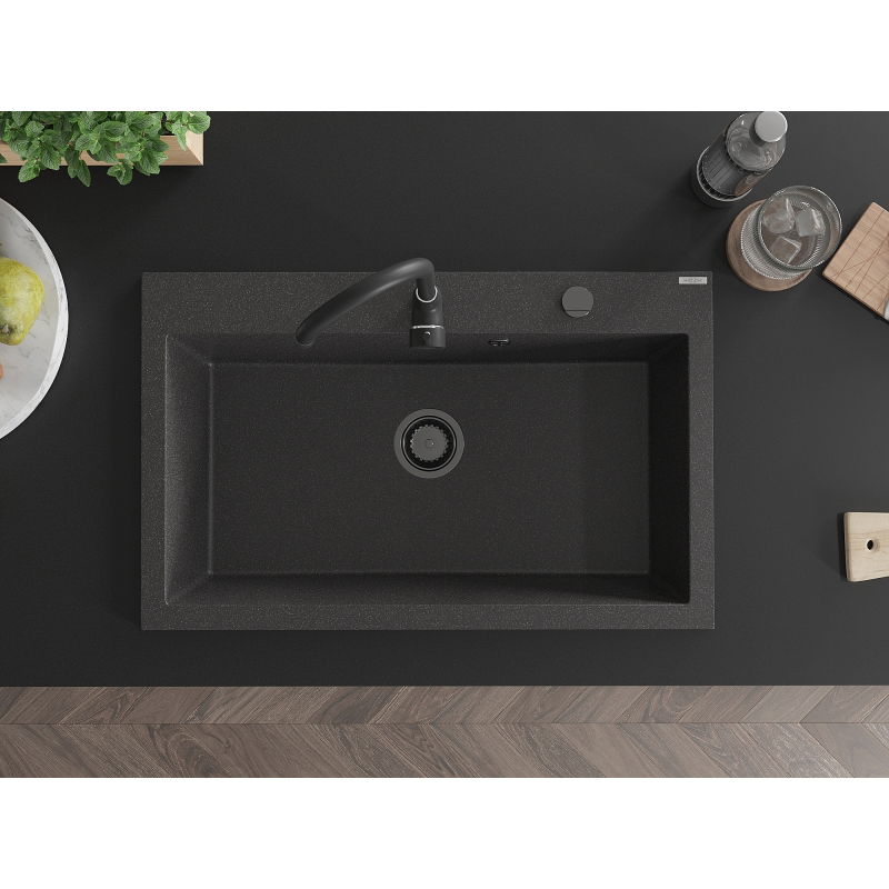 Mexen Elix évier en granit 1 bac 800 x 500 mm, noir moucheté, siphon noir - 6527801005-76-B