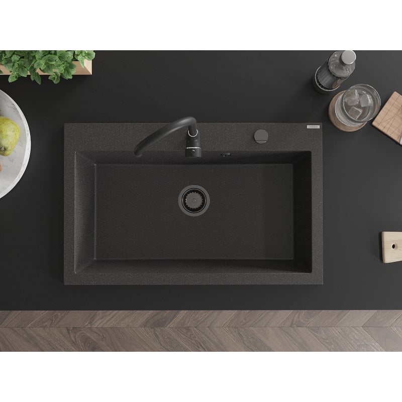 Mexen Elix Granitspüle 1-Becken 800 x 500 mm, Schwarz gesprenkelt, Schwarzer Siphon - 6527801005-76-B