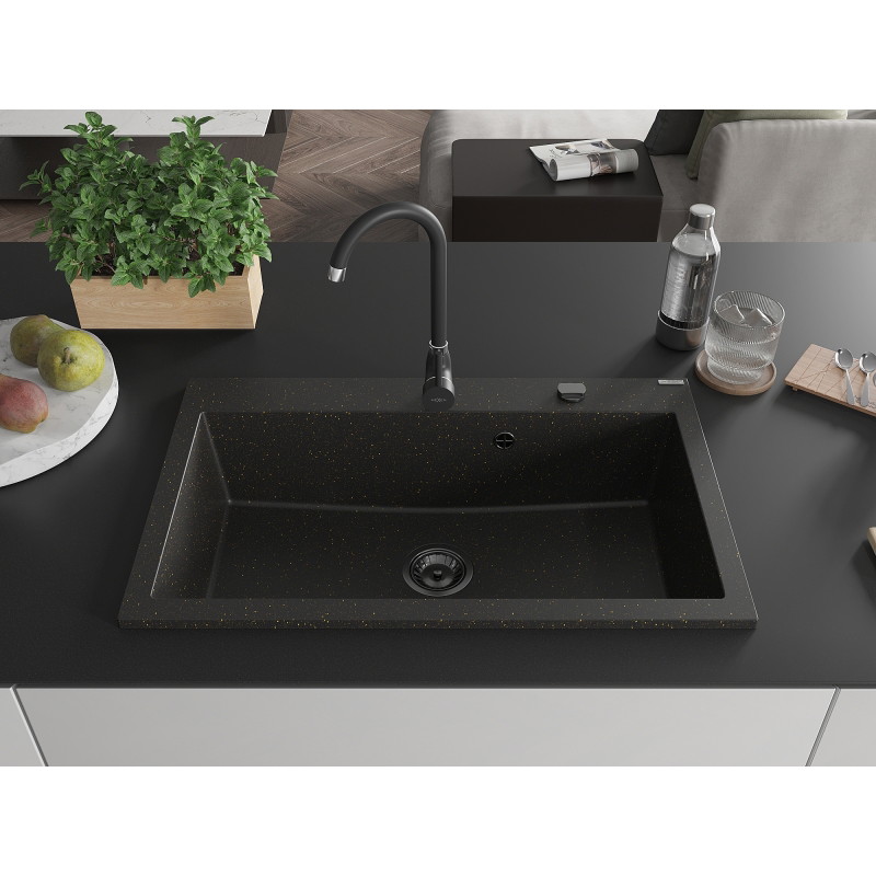 Mexen Elix 1-kambriline graniidist köögivalamu 800 x 500 mm, must/kuldne metallik, must sifoon - 6527801005-75-B