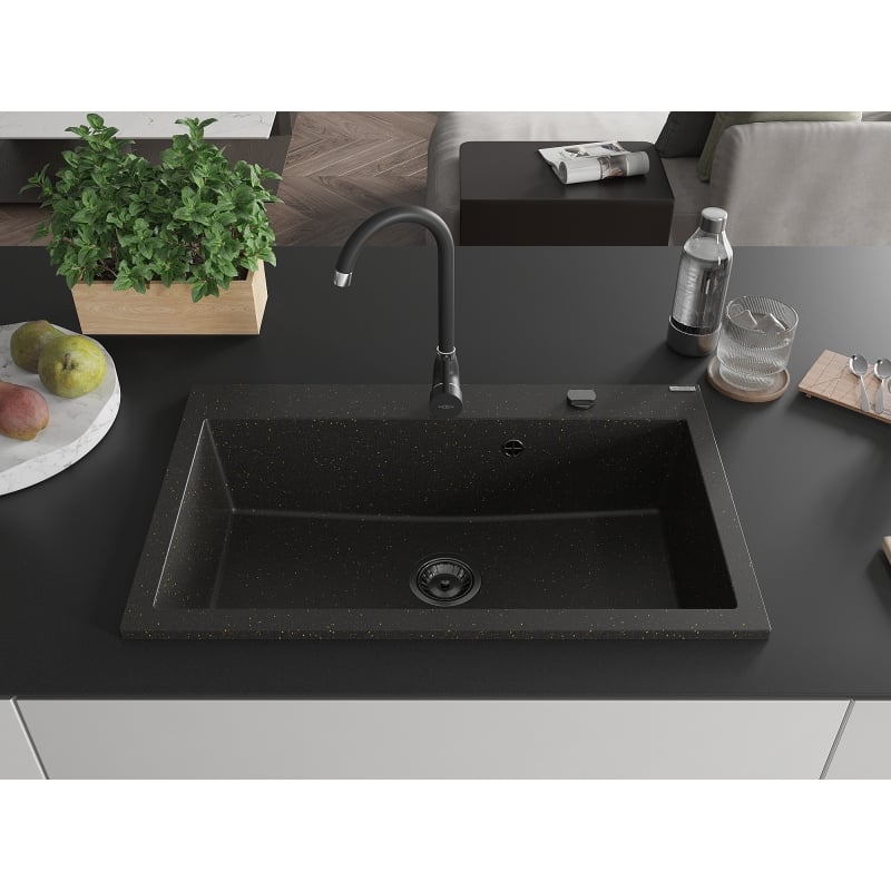 Mexen Elix fregadero de granito de 1 cámara 800 x 500 mm, negro/dorado metálico, sifón negro - 6527801005-75-B