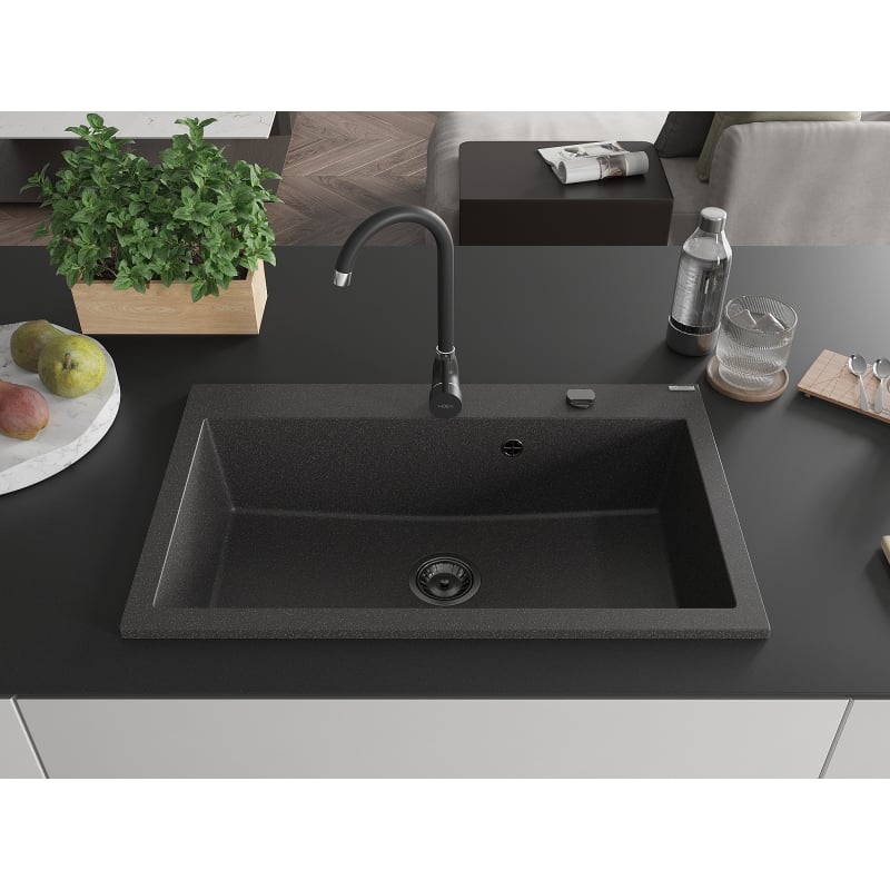 Mexen Elix fregadero de granito de 1 seno 800 x 500 mm, negro moteado, sifón negro - 6527801005-76-B