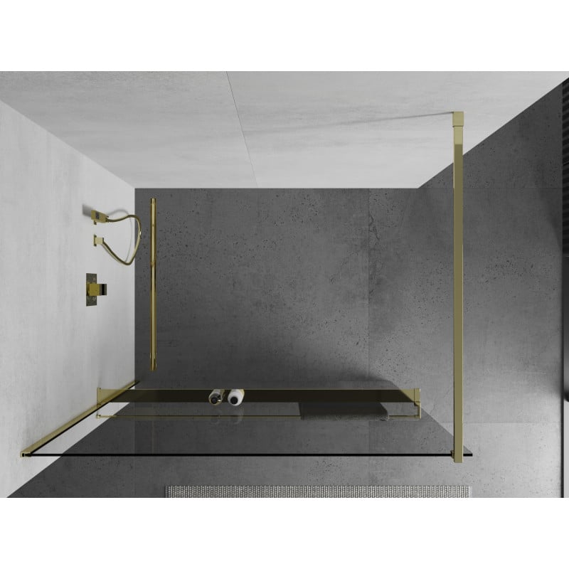 Mexen Kioto+ douchewand met plank Walk-in 90 x 200 cm, transparant, goud - 800-090-121-50-00