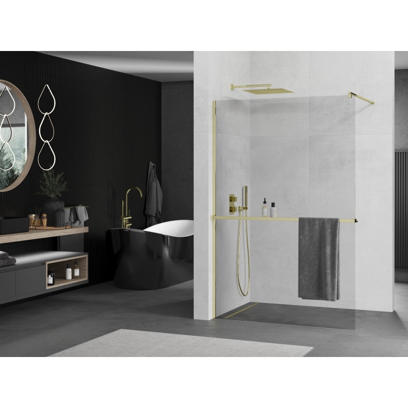 Mexen Kioto+ Shower wall with shelf Walk-in 110 x 200 cm, transparent, gold - 800-110-121-50-00