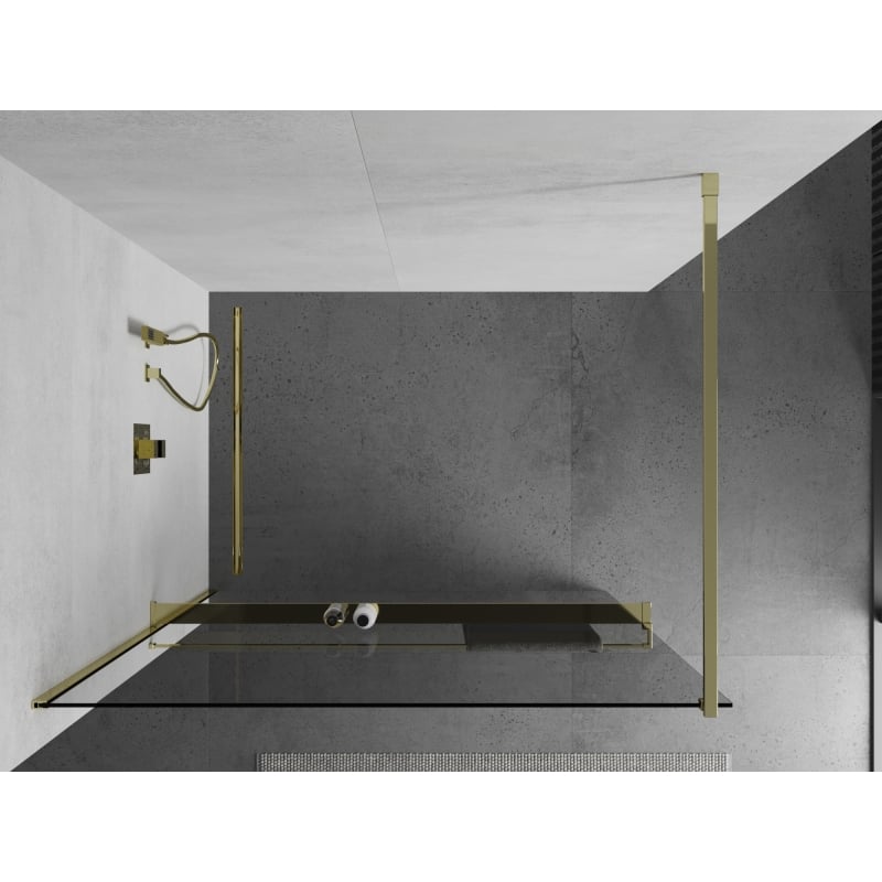 Mexen Kioto+ ścianka prysznicowa z półką Walk-in 120 x 200 cm, transparent, złota - 800-120-121-50-00