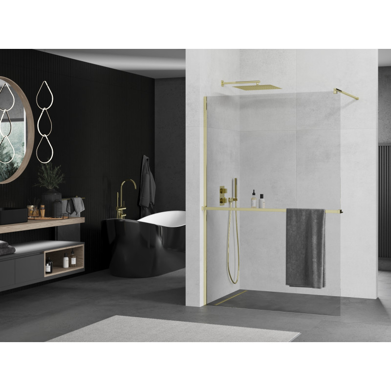 Mexen Kioto+ mampara de ducha con estante Walk-in 130 x 200 cm, transparente, dorada - 800-130-121-50-00