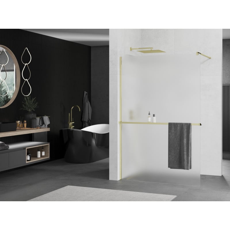 Mexen Kioto+ ścianka prysznicowa z półką Walk-in 90 x 200 cm, szron, złota - 800-090-121-50-30