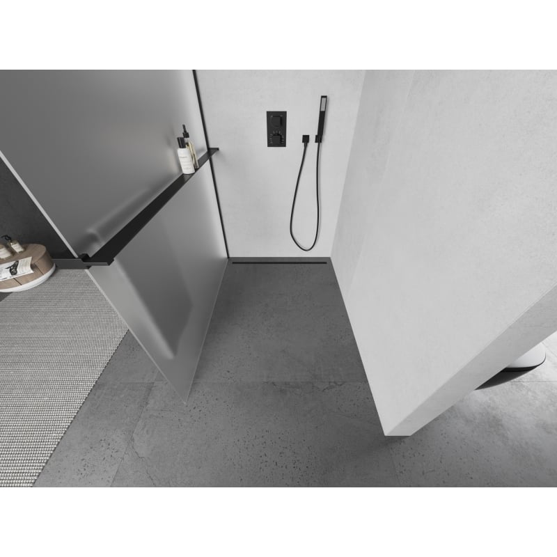 Mexen Kioto+ mampara de ducha con estante Walk-in 100 x 200 cm, escarchada, negra - 800-100-121-70-30