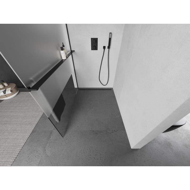 Mexen Kioto+ Mampara de ducha con estante Walk-in 80 x 200 cm, transparente/escarcha, negra - 800-080-121-70-35