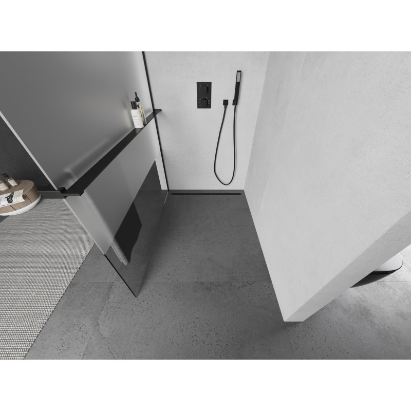 Mexen Kioto+ mampara de ducha con estante Walk-in 120 x 200 cm, transparente/esmerilado, negro - 800-120-121-70-35