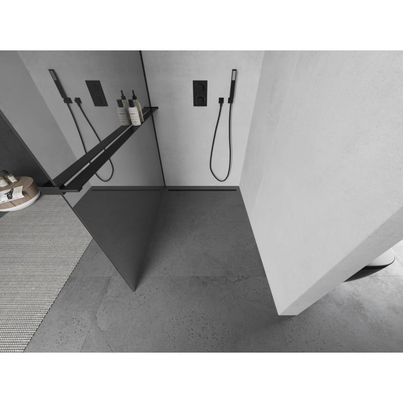 Mexen Kioto+ ścianka prysznicowa z półką Walk-in 70 x 200 cm, lustro, czarna - 800-070-121-70-50