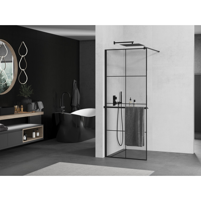 Mexen Kioto+ ścianka prysznicowa z półką Walk-in 70 x 200 cm, czarna kratka, czarna - 800-070-121-70-77