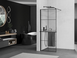 Mexen Kioto+ ścianka prysznicowa z półką Walk-in 80 x 200 cm, czarny wzór, czarna - 800-080-121-70-77