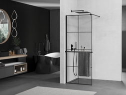 Mexen Kioto+ paravan za tuš s policom Walk-in 90 x 200 cm, crna mreža, crna - 800-090-121-70-77