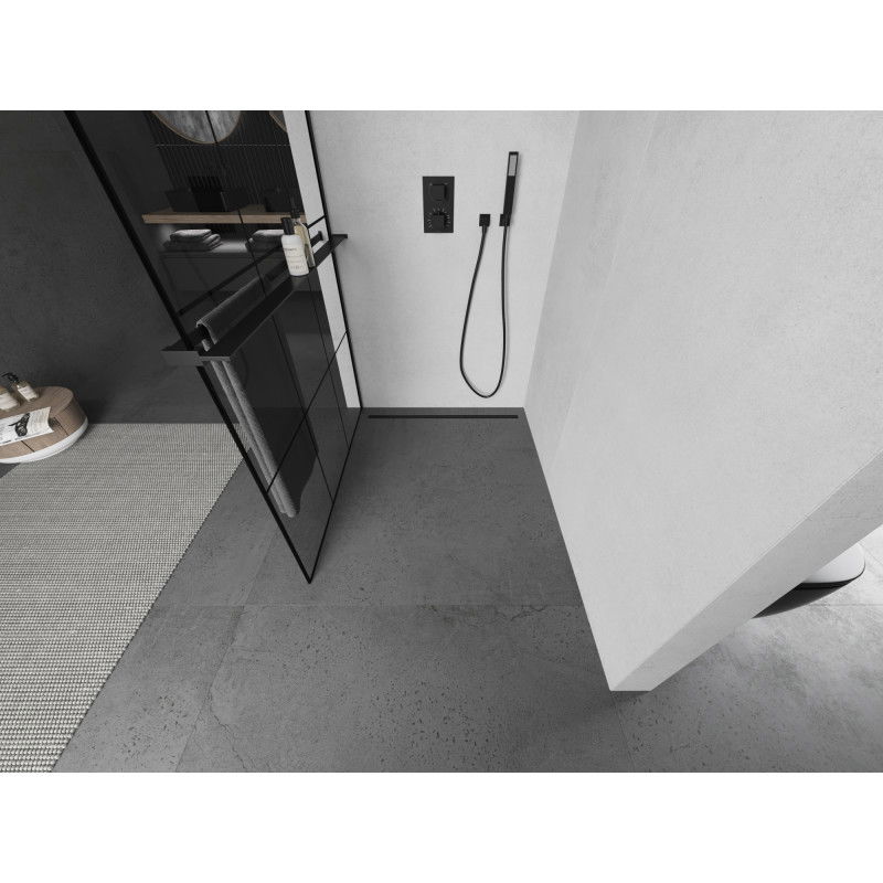 Mexen Kioto+ Parete doccia con mensola Walk-in 100 x 200 cm, griglia nera, nero - 800-100-121-70-77