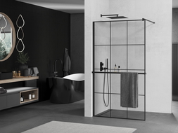 Mexen Kioto+ shower wall with shelf Walk-in 100 x 200 cm, black grid, black - 800-100-121-70-77