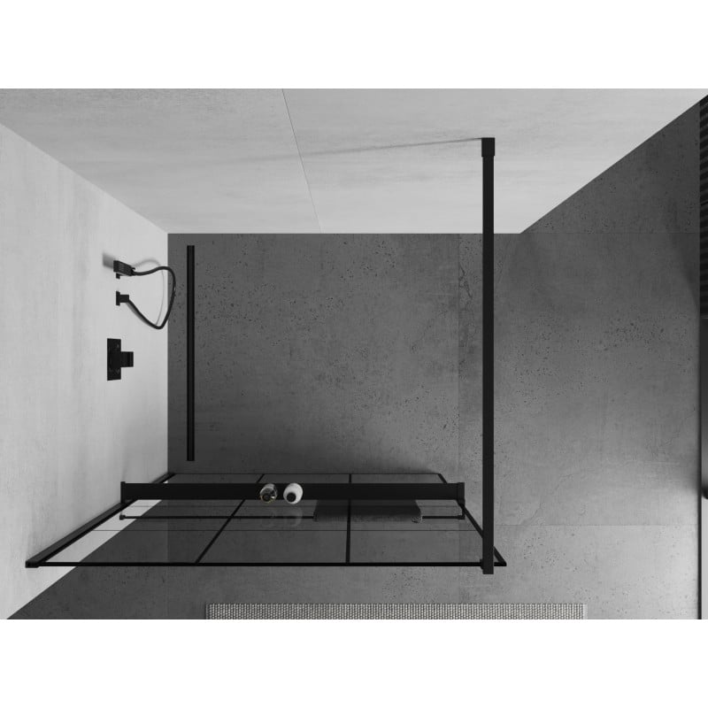 Mexen Kioto+ ścianka prysznicowa z półką Walk-in 100 x 200 cm, czarna kratka, czarna - 800-100-121-70-77