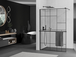 Mexen Kioto+ ścianka prysznicowa z półką Walk-in 70 x 200 cm, czarny wzór, czarna - 800-070-121-70-78