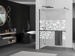 Mexen Kioto+ ścianka prysznicowa z półką Walk-in 80 x 200 cm, biały wzór, czarna - 800-080-121-70-85