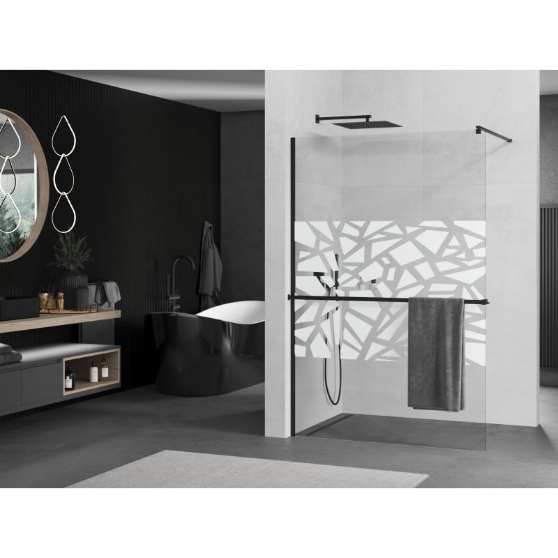 Mexen Kioto+ ścianka prysznicowa z półką Walk-in 90 x 200 cm, biały wzór, czarna - 800-090-121-70-85
