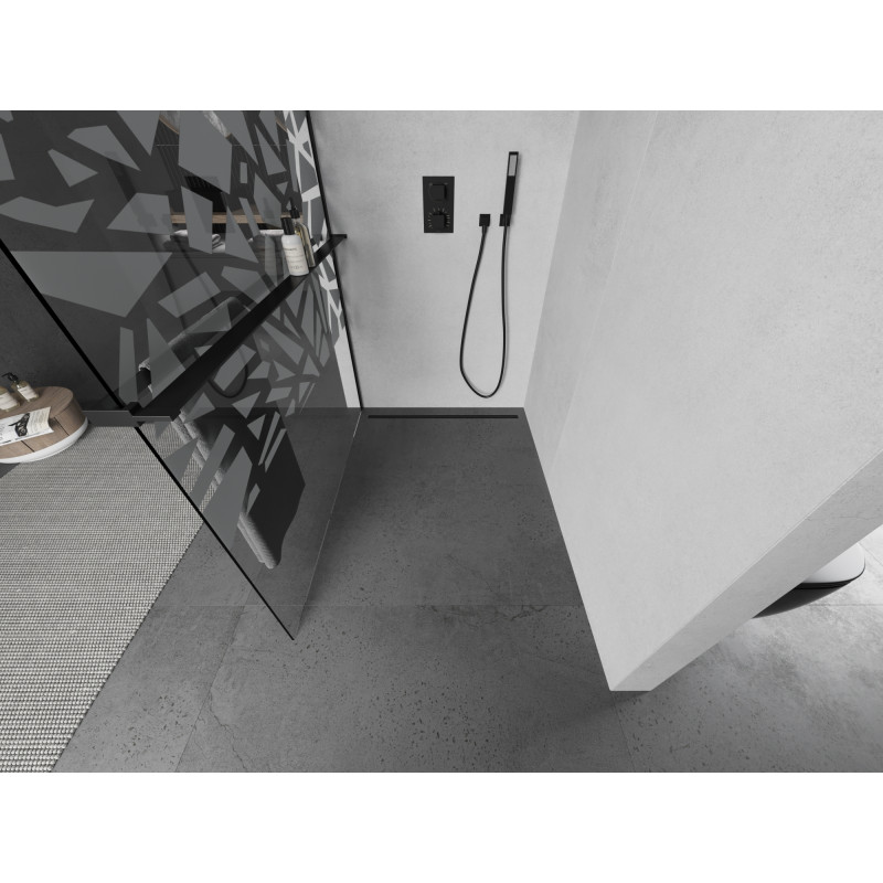 Mexen Kioto+ Duschwand mit Regal Walk-in 130 x 200 cm, weißes Muster, schwarz - 800-130-121-70-85