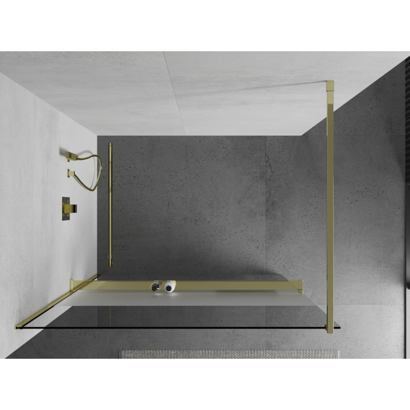 Mexen Kioto+ mampara de ducha con estante Walk-in 70 x 200 cm, transparente/esmerilado, dorado - 800-070-121-50-35
