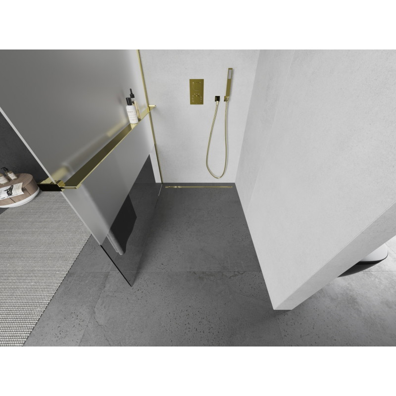 Mexen Kioto+ zidna ploča za tuširanje s policom Walk-in 110 x 200 cm, prozirna/mat, zlatna - 800-110-121-50-35