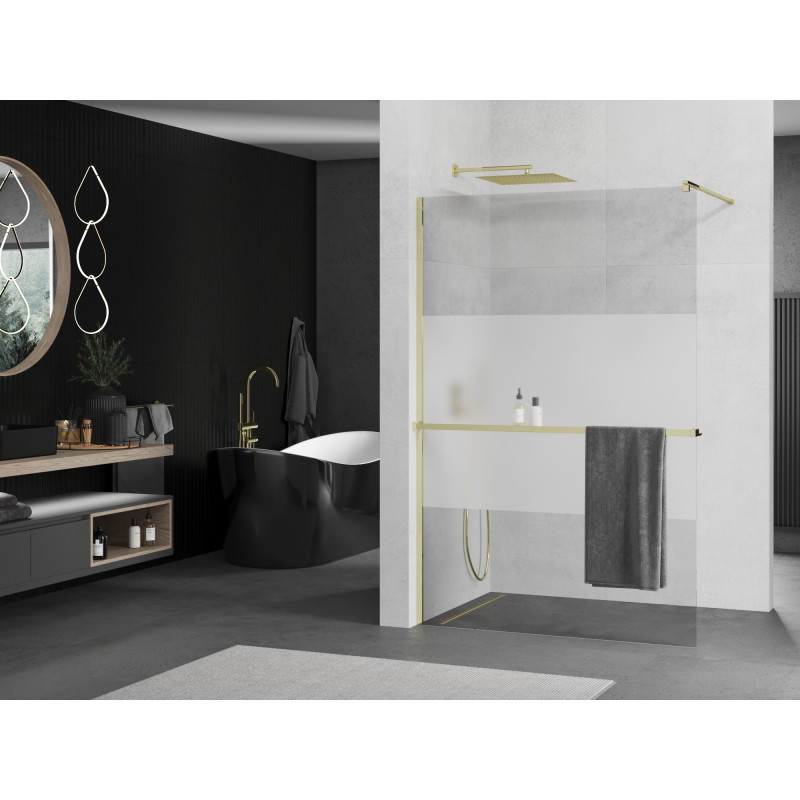 Mexen Kioto+ zidna ploča za tuširanje s policom Walk-in 110 x 200 cm, prozirna/mat, zlatna - 800-110-121-50-35