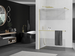 Mexen Kioto+ tuš pregrada s policom Walk-in 120 x 200 cm, prozirna/mat, zlatna - 800-120-121-50-35