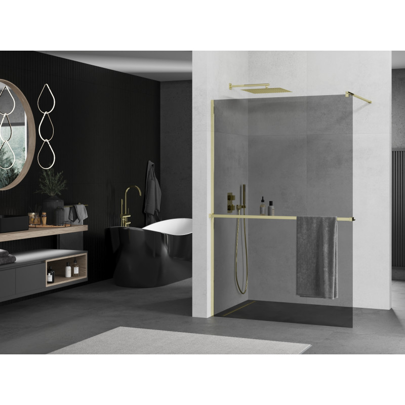 Mexen Kioto+ mampara de ducha con estante Walk-in 90 x 200 cm, grafito, dorado - 800-090-121-50-40